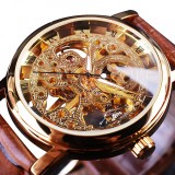 Cumpara ieftin Ceas Barbatesc Mecanic Winner WIN358-5, Automatic, Skeleton, Cadran Transparent, Curea Piele Eco Maro, Carcasa Aurie, 40mm