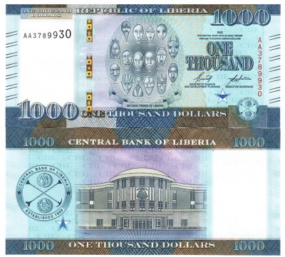 Liberia 1 000 1000 Dolari 2022 P-43 UNC foto