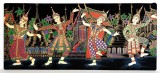Thailanda / Dansatori khmeri in costume traditionale - Tablou textil din epopeea hindusa Ramayana, serigrafie in 6 culori pe matase 55 x 24 cm