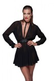 Rochie Mini din Voal cu Centura Piele Ecologica M, Noir Handmade