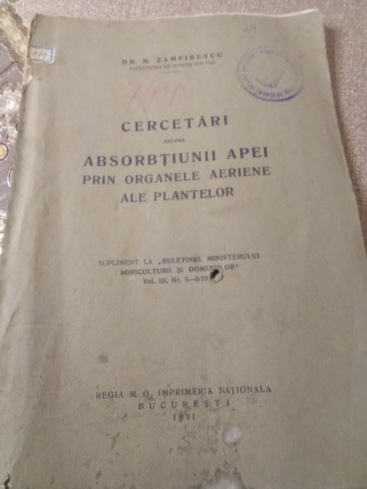J cercetare asupra absorției apei de către organism 1931