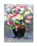 Tablou vaza cu flori multicolore pictat manual, 40x30cm acril pe panza in relief efect 3D, Kenny Varniote