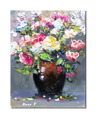 Tablou vaza cu flori multicolore pictat manual, 40x30cm acril pe panza in relief efect 3D, Kenny Varniote foto