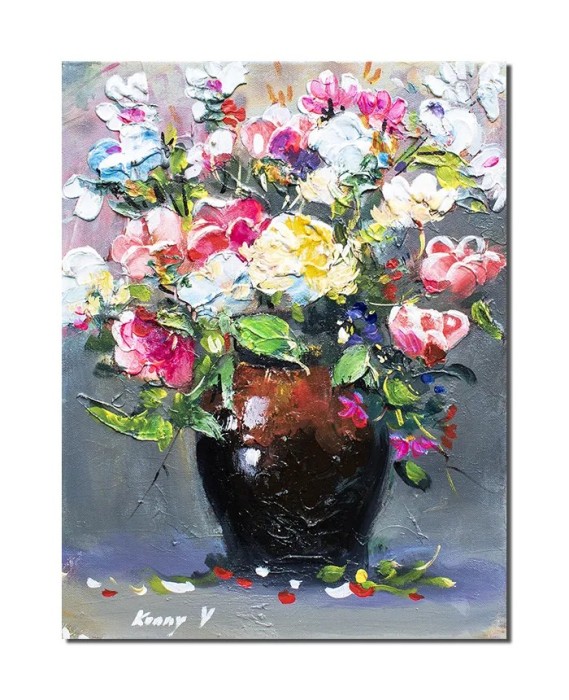 Tablou vaza cu flori multicolore pictat manual, 40x30cm acril pe panza in relief efect 3D, Kenny Varniote