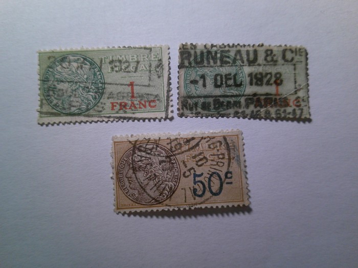 3 Timbre Fiscale Franta cu stampila 1927 1928 (1 timbru cu pliu)