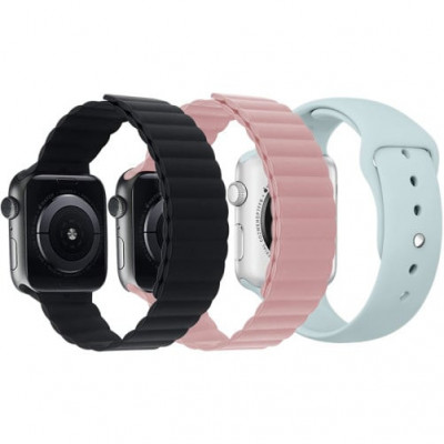 Set 3 Curele iUni compatibile cu Apple Watch 1/2/3/4/5/6/7, 42mm, Silicon, Black, Pink, Turquoise foto