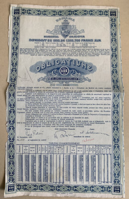 500 Franci Aur obligatiune cu dobanda Craiova 1930 neincasata cu cupoane foto