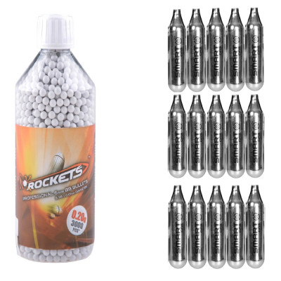 Pachet consumabile airsoft 15 capsule co2 + 3000 bile 6mm ABS 0.20g Rockets foto