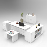 Set de mobilier de birou Linta 2, Nuc - Alb - Crem, 5 piese, Birou - Biblioteca - Consola - Masa - Rollbox