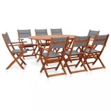 Set mobilier exterior 9 piese gri lemn masiv eucalipt/textilenă
