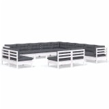 Set mobilier de gradina cu perne, 13 piese, alb, lemn masiv pin