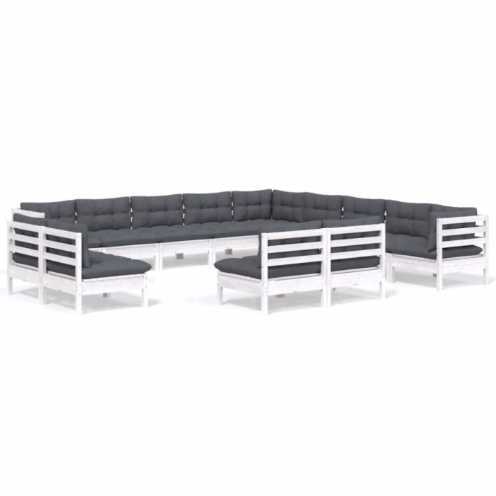 Set mobilier de gradina cu perne, 13 piese, alb, lemn masiv pin