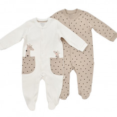 Set 2 salopete cu buzunare Girafa, BabyCosy, 100% bumbac organic (Marime: 6-9 luni)