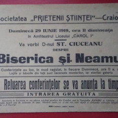 Afiș Conferință Ștefan Ciuceanu : BISERICA ȘI NEAMUL - 1919