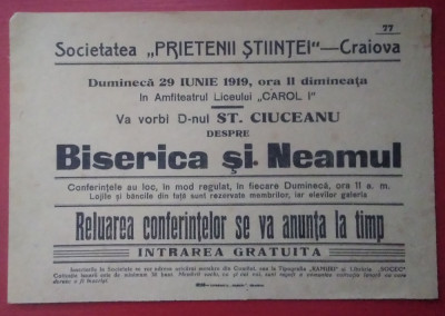 Afiș Conferință Ștefan Ciuceanu : BISERICA ȘI NEAMUL - 1919 foto
