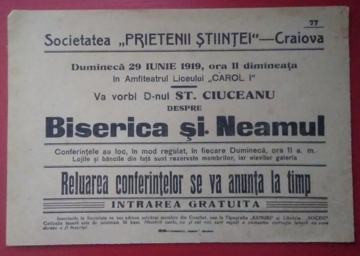 Afiș Conferință Ștefan Ciuceanu : BISERICA ȘI NEAMUL - 1919