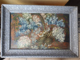Tablou vechi cu rama lemn, pictura ulei pe placaj, 57x39 cm cu tot cu rama, Flori, Altul