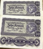 BNKSTR Lot 2 Bancnote Austro-Ungaria 10 Coroane 1915 - Serii Consecutive - Zehn Kronen