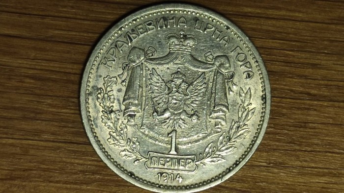 Muntenegru - moneda de colectie rara - 1 perper 1914 AU/UNC argint 835 superba - Nikola I - extrem de greu de gasit !