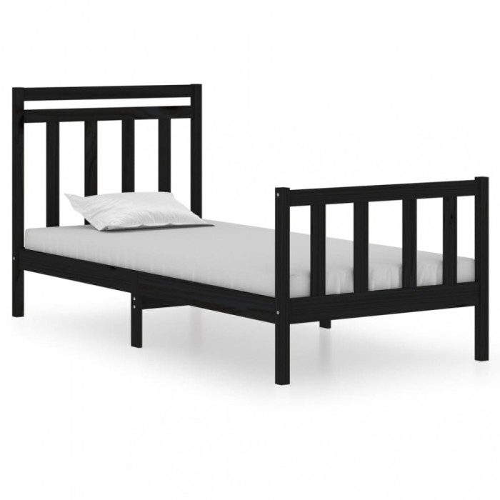 Cadru de pat mic single, negru, 75x190 cm, lemn masiv