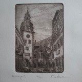 Turnul Primăriei din Ettlingen, gravură de Willy Wiedmann (1929&ndash;2013)