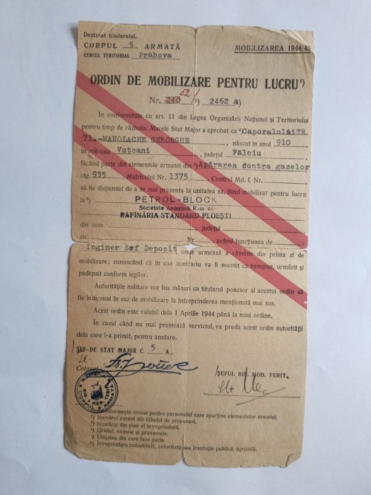 Ordin de Mobilizare pentru lucru 1944 emis de Corpul 5 Armata / CD1P