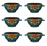 6 boluri de servit din ceramica pentru supa, cu manere, de culoare albastru cu model floral, 650 ml, Oem