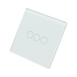 Intrerupator touch triplu cap scara alb 220V cu indicator luminos, rama din sticla 86x86x34mm