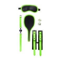 Set OUCH! Bondage Kit Glow In The Dark, pentru jocuri BDSM, cu cătușe, căluș, mască, paletă și zaruri, negru cu verde fosforescent