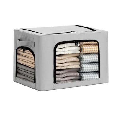 Cutie de Depozitare, Flippy, cu 3 Ferestre cu Fermoar Bidirectional, Cadru din Otel, Impermeabil, 38L, 42 x 30 x 30 cm, Gri foto