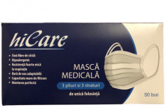 Set 50buc. masca HiCare, uz MEDICAL,BFE&amp;gt;99%, 3 straturi, 3 pliuri, tija, tip II foto