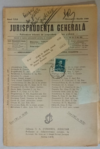 JURISPRUDENTA GENERALA , PUBLICATIUNE TRILUNARA DE JURISPRUDENTA ROMANA SI STRAINA , NR. 6, 1944