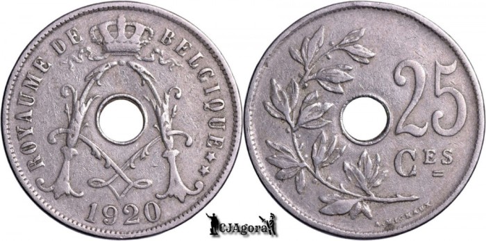 1920, 25 Centimes - Albert I - Regatul Belgiei - inscripție franceză