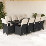 Set bistro de grădină, 11 piese, cu perne, negru, poliratan