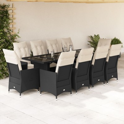vidaXL Set bistro de grădină, 11 piese, cu perne, negru, poliratan 3277258 foto