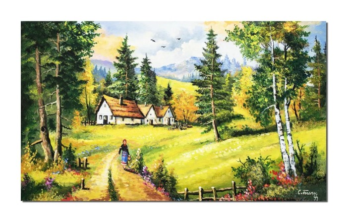 Tablou peisaj de la munte pictat manual, Oaza de liniste, 100x60cm ulei pe panza, Constantin Feraru