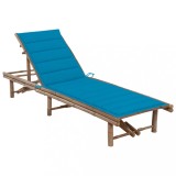 Șezlong Grădină Bambus vidaXL cu Pernă Albastră, Reglabil, 200x65cm, Relaxare Maximă