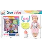 Papusa Bebe cu Funda pe Cap si Accesorii Hranire - Plastic, Cauciuc, Varsta 3 ani+