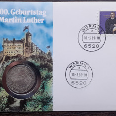 GERMANIA - FDC SI MONEDA 5 MARK 1983, LIT G, MARTIN LUTHER, MONEDA UNC