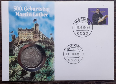 GERMANIA - FDC SI MONEDA 5 MARK 1983, LIT G, MARTIN LUTHER, MONEDA UNC foto
