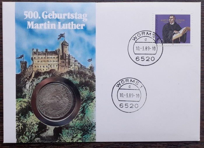 GERMANIA - FDC SI MONEDA 5 MARK 1983, LIT G, MARTIN LUTHER, MONEDA UNC