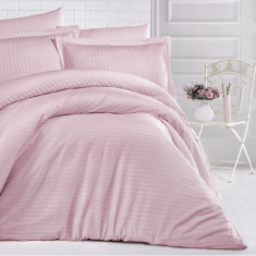 Lenjerie de pat pentru o persoana cu husa elastic pat si fata perna dreptunghiulara, Elegance, damasc, dunga 1 cm 130 g/mp, Pudra, bumbac 100%