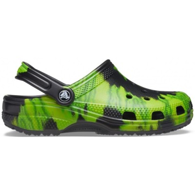 Saboti Crocs Classic Tie-Dye Graphic Clog Negru - Black/Lime Punch foto