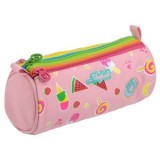 Penar cilindric cu 3 compartimente, Roz, Model Fructe si Inghetata, 22x8x9.5cm, CMCLASS