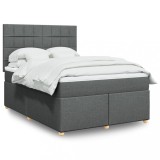 VidaXL Pat box spring cu saltea, gri &icirc;nchis, 140x190 cm, textil