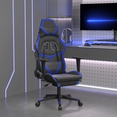 Scaun de gaming cu suport picioare, negru/albastru, piele eco foto