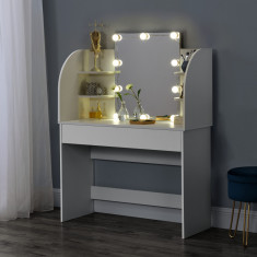 Masa toaleta cu oglinda un sertar rafturi si 10 LEDuri adezive KölaW alb [en.casa] HausGarden Leisure