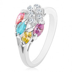 Inel decorat cu zirconii rotunde, transparente și boabe multicolore - Marime inel: 50