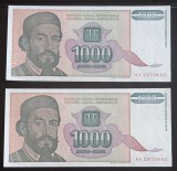 Yugoslavia, 2 x 1.000 Dinari 1994, UNC, Consecutive.