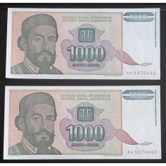 Yugoslavia, 2 x 1.000 Dinari 1994, UNC, Consecutive.